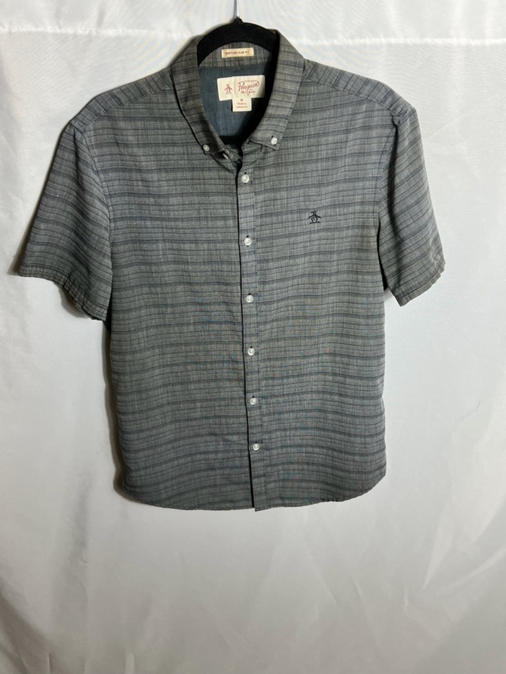 Original Penguin Heritage Slim Fit Shirt Gray Stripe Button Front Mens M